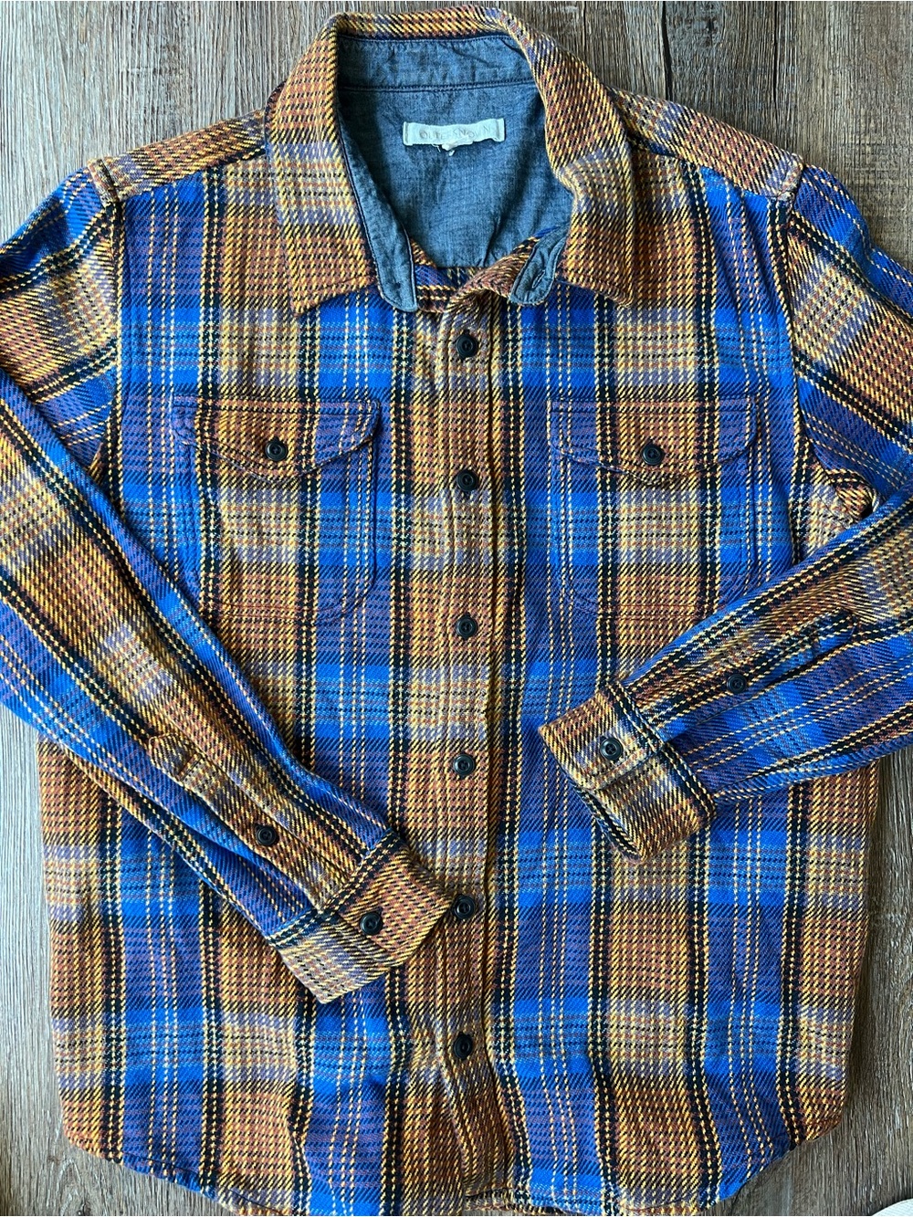 Outerknown Blanket Shirt Men’s Large Blue Brown Plaid Heavy Flannel Overshirt